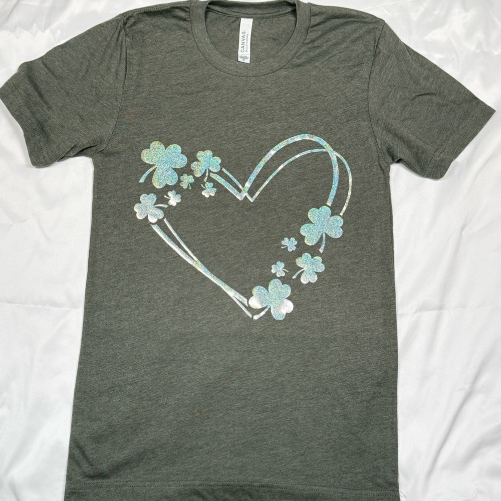 Bella Canvas Dark Heather Gray Tee with Iridescent Shamrock Heart - Picture 1 of 3